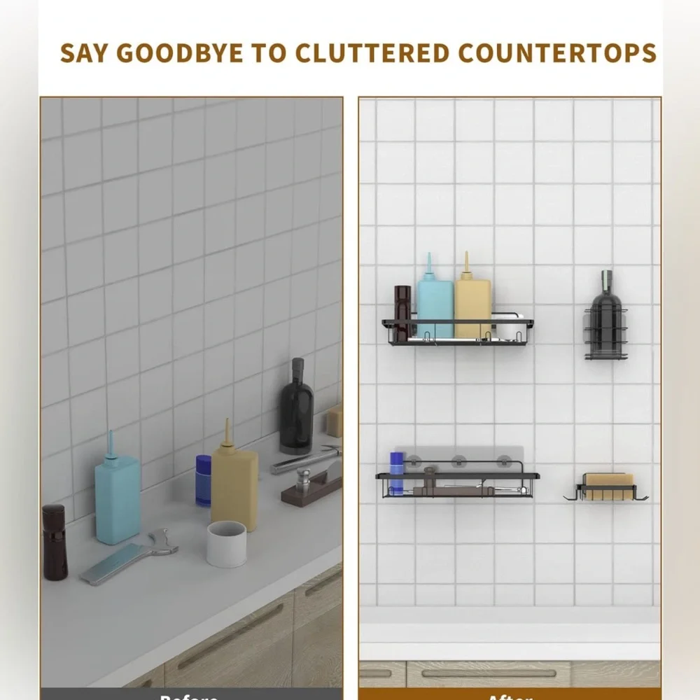 Shower🚿Caddy Shelves OrganizerRack w Hooks🪝Bathroom🛁Self Adhesive Black 4Pack